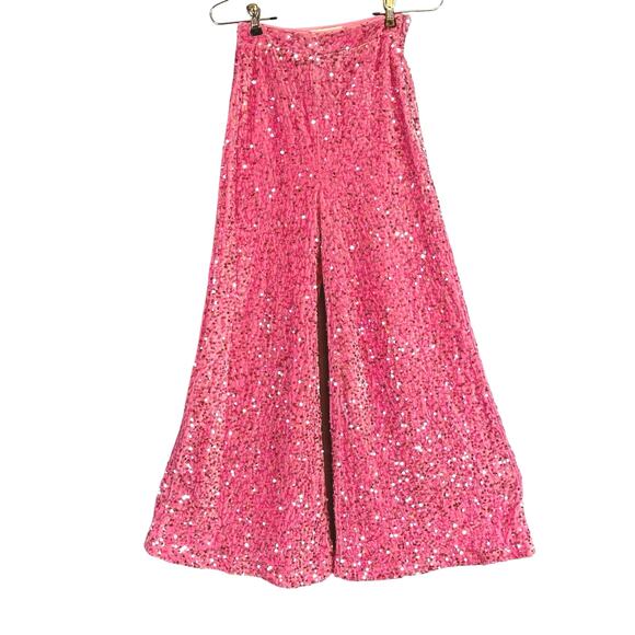 Faeriesty Retro Pink Sequin Lined Velour Wide Leg Bell Bottom Pants XS - Picture 3 of 6